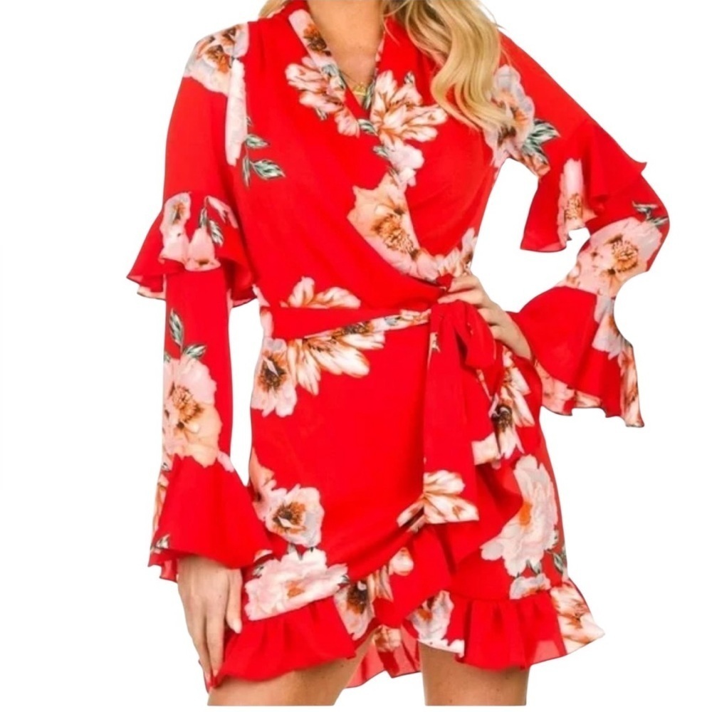 Misa Los Angeles Skylar Red Floral Wrap Dress